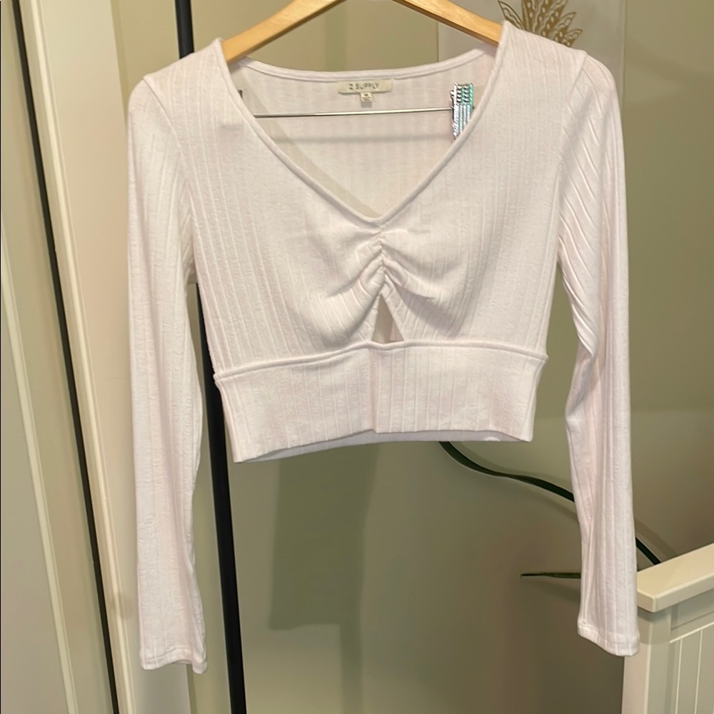 Z Supply White Ribbed Ruched Crop Blouse